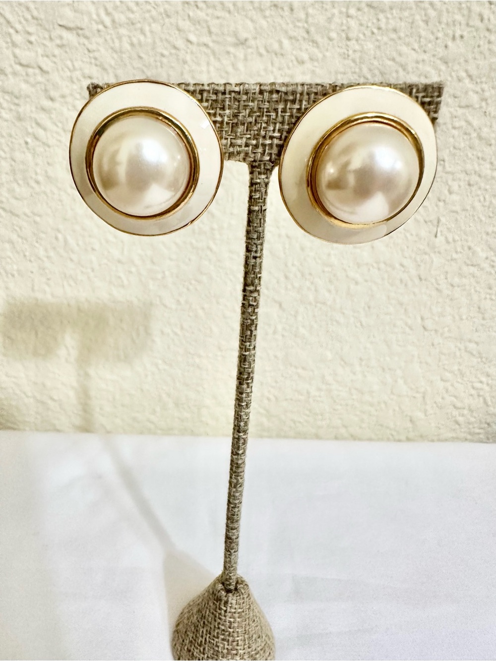 Vintage Gold Plated Classic Pearl Gold and White Button Earrings - Clips